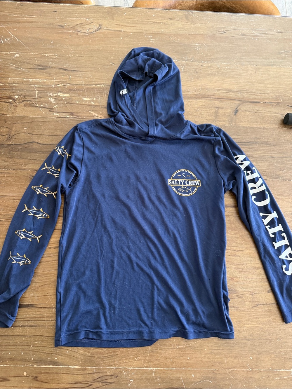 Boys M Salty Crew Navy Hooded Long Sleeve sun shirt